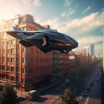 The flying car of the future flies in the city. A vision for the future