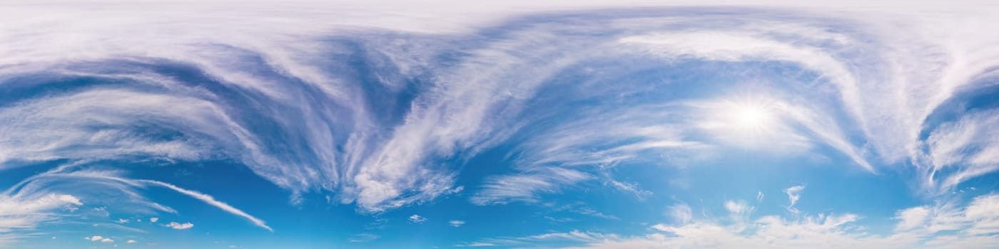 Sky panorama with Cirrus clouds in Seamless spherical equirectangular format. Full zenith for use in 3D graphics, game and editing aerial drone 360 degree panoramas for sky replacement