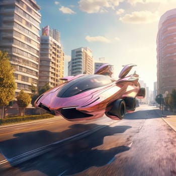The flying car of the future flies in the city. A vision for the future