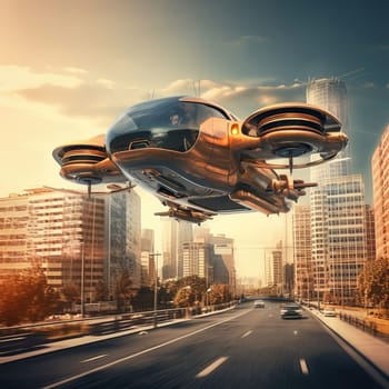 The flying car of the future flies in the city. A vision for the future