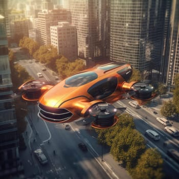 The flying car of the future flies in the city. A vision for the future