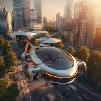 The flying car of the future flies in the city. A vision for the future