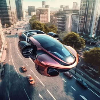 The flying car of the future flies in the city. A vision for the future