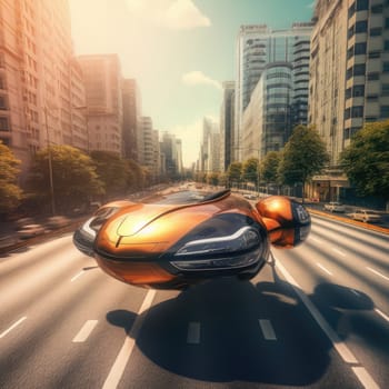 The flying car of the future flies in the city. A vision for the future