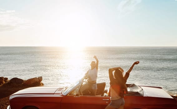 Travel does the soul good. a two happy young women enjoying a summers road trip together