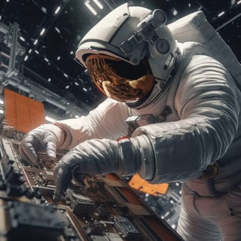 An astronaut in a spacesuit repairs a space station in outer space