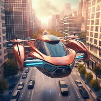 The flying car of the future flies in the city. A vision for the future