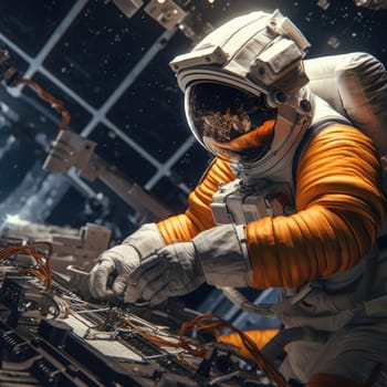 An astronaut in a spacesuit repairs a space station in outer space