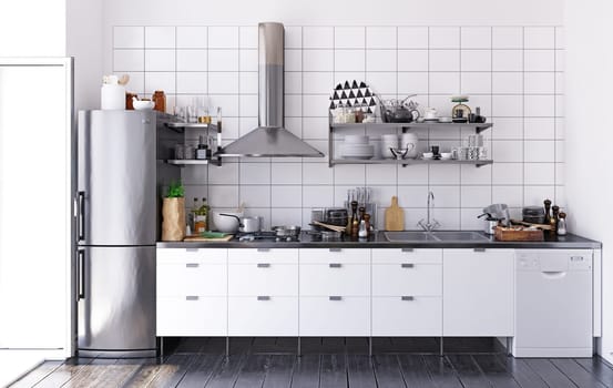 3D illustration of a modern apartment kitchen interior.