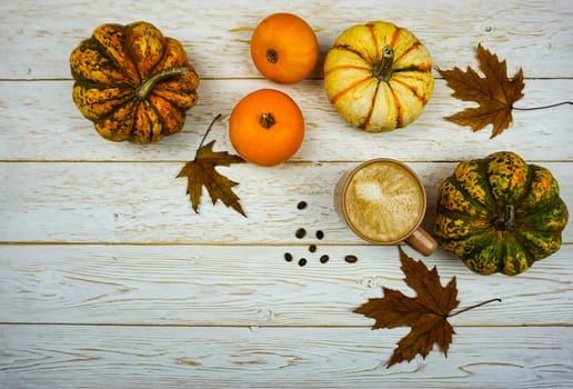 There are various pumpkins on the wooden table and there is a cup of coffee. High quality photo