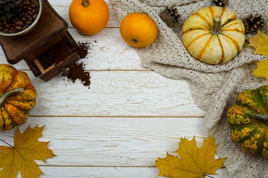 On a wooden table there are various pumpkins and there is a mechanical coffee grinder. High quality photo