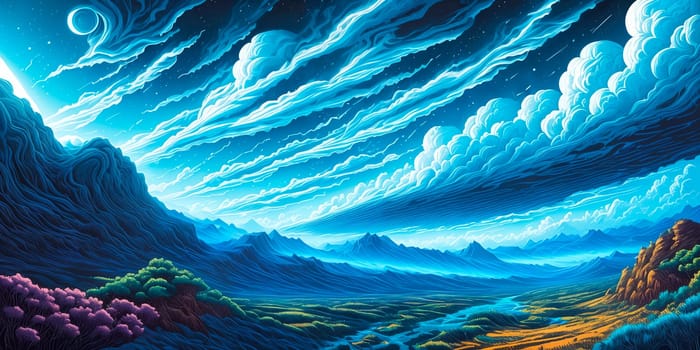 Illustration of jupiter clouds, alien landscape and vegetation . AI Generative