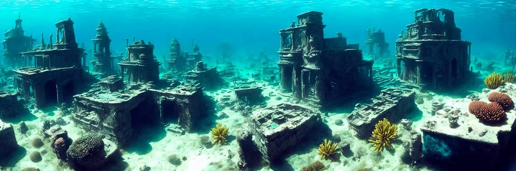 Panoramic illustration of sunken ruined city underwater. AI Generative