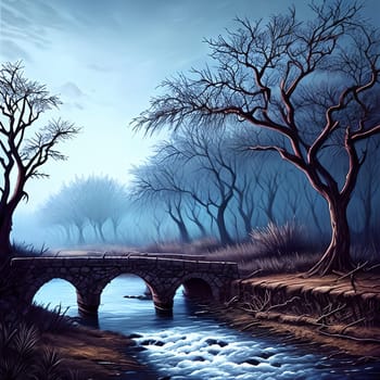 Withered vines, old trees, small bridges and flowing water. Landscape illustration. . AI Generative