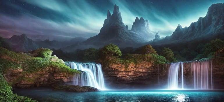 Fantasy landscape with waterfalls, night sky on the background. Generative AI