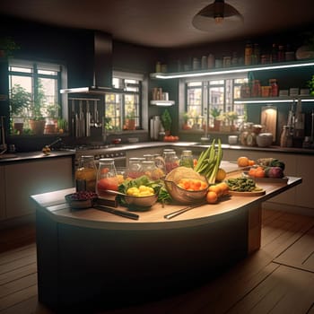 The interior of the kitchen of the future. The concept of a smart home