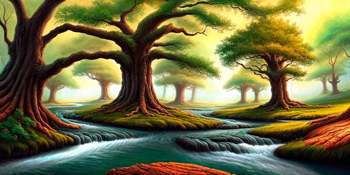 Digital painting of a mighty oak tree forest with stream running through it, concept art , panorama. AI Generative