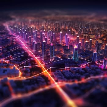 The city of the future with luminous lines. The Concept of Future Connectivity