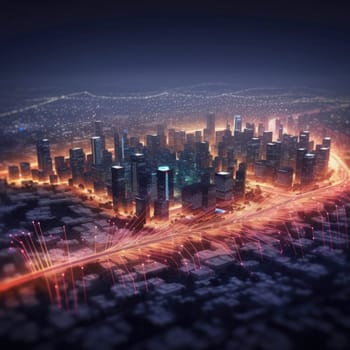 The city of the future with luminous lines. The Concept of Future Connectivity