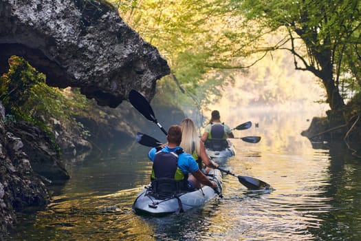 A group of friends enjoying having fun and kayaking while exploring the calm river, surrounding forest and large natural river canyons.