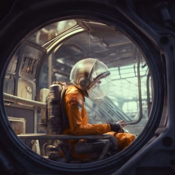 The interior of the space station with an astronaut in a spacesuit. Cosmic concept