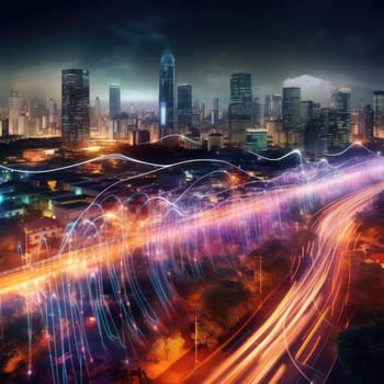 The city of the future with luminous lines. The Concept of Future Connectivity