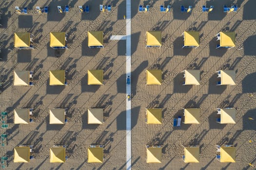 Aerial view of the Tuscan Versilia beach photographed from above in the evening 