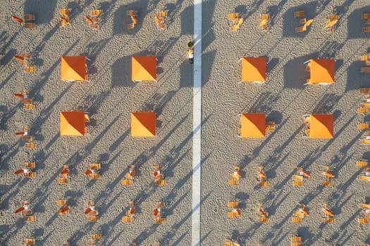 Aerial view of the Tuscan Versilia beach photographed from above in the evening 