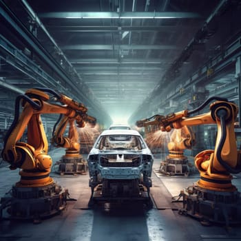 Industrial robots assemble a car at the factory