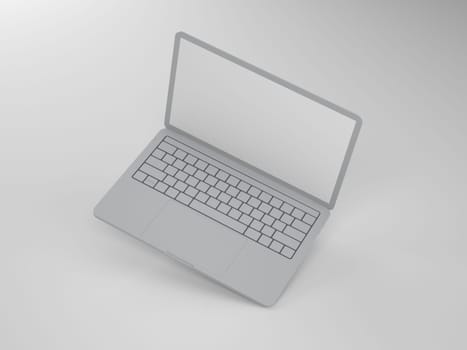 The raised top is an open thin gray laptop with a blank screen on a light background