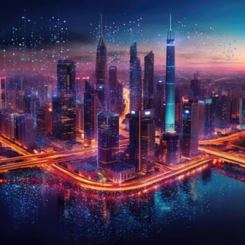 The city of the future with luminous lines. The Concept of Future Connectivity