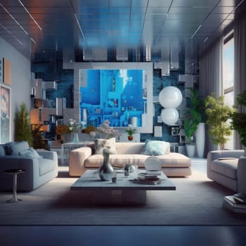 Beautiful bright interior of the future with sofas
