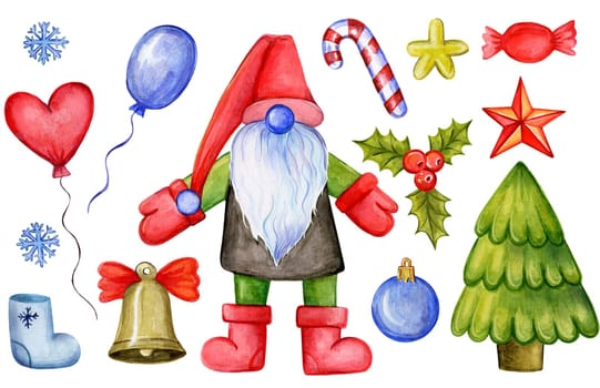 Colorful hand drawn illustration of Santa Claus and various traditional Christmas decorations and items isolated on white background. Watercolor illustration