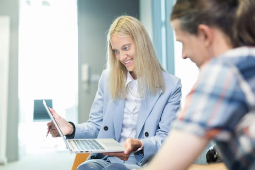 Business meeting. Client consulting. Confident business woman, real estate agent, financial advisor explaining details of project or financial product to client in office