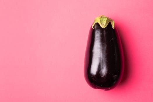 Directly above view of fresh eggplant by copy space against pink background. unaltered, organic food and healthy eating concept.