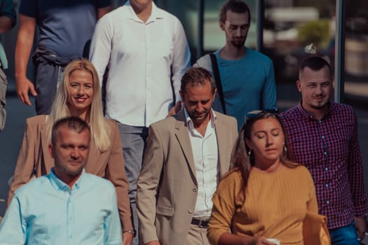 A diverse group of businessmen and colleagues walking together by their workplace, showcasing collaboration and teamwork in the company