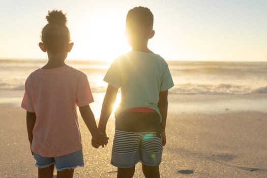 Rear view of african american siblings holding hands while watching sunset over sea from beach. unaltered, family, lifestyle, togetherness, enjoyment and holiday concept.