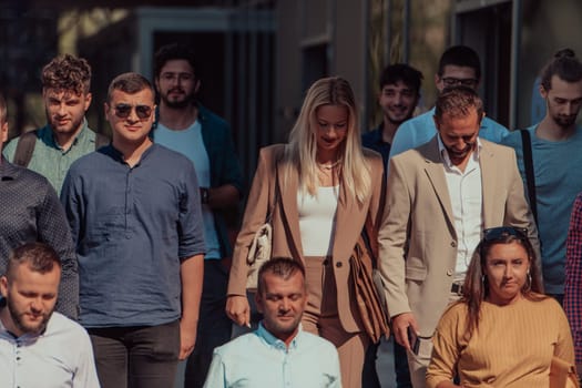 A diverse group of businessmen and colleagues walking together by their workplace, showcasing collaboration and teamwork in the company