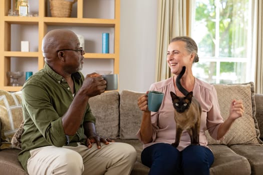 Senior multiracial couple having coffee and talking while sitting with cat on sofa at home. unaltered, lifestyle, leisure, pets, retirement, togetherness, drink, refreshment.