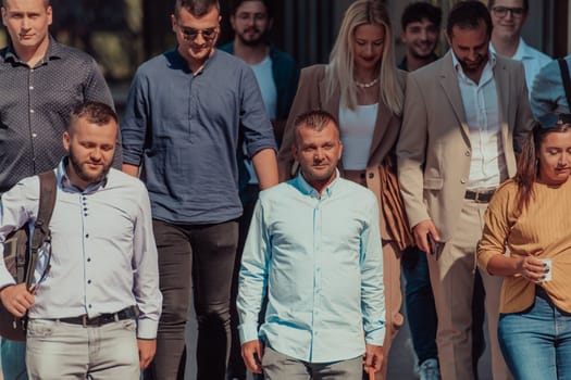 A diverse group of businessmen and colleagues walking together by their workplace, showcasing collaboration and teamwork in the company