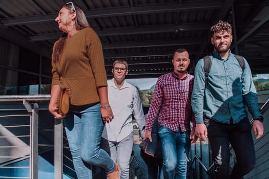 A diverse group of businessmen and colleagues walking together by their workplace, showcasing collaboration and teamwork in the company