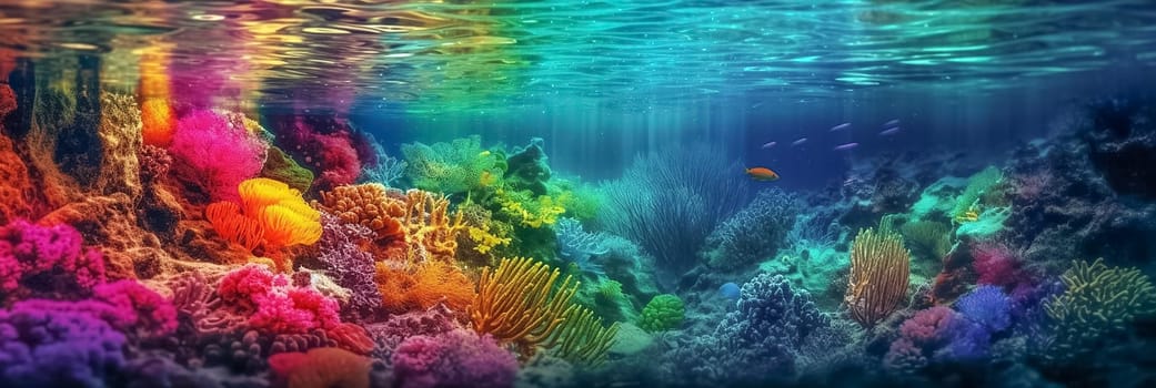 Brightly colored underwater world with corals, algae, anemones and sea fish. Long banner with an underwater sea or ocean world.