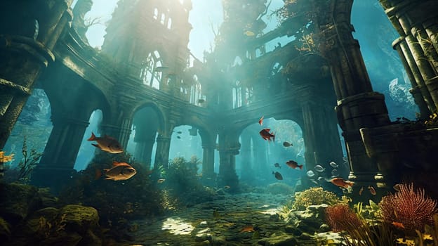 Panoramic illustration of sunken ruined city underwater. AI Generative