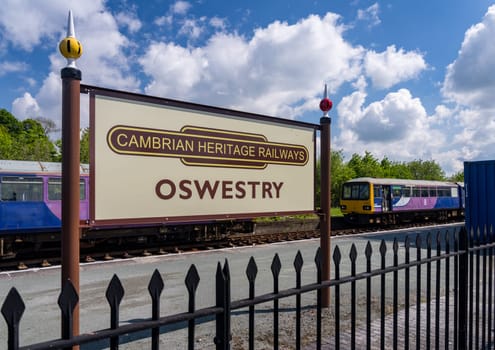 Oswestry, Shropshire - 12 May 2023: Sign on platform for Cambrian Heritage Railways in Oswestry