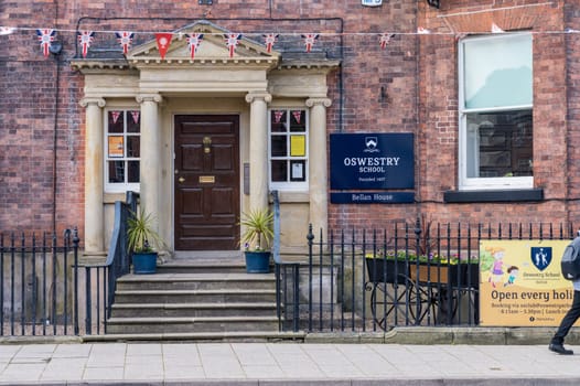 Oswestry, Shropshire - 12 May 2023: Entrance to Bellan House, part of Oswestry School in market town