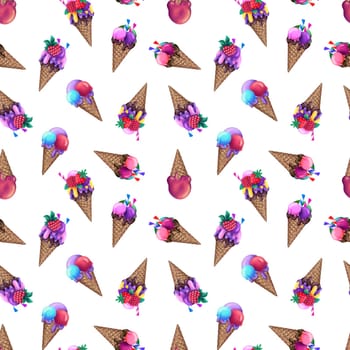 Seamless pattern with various ice cream in the cone. ice cream pattern