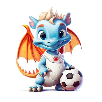 Cute cartoon dragon holding a soccer ball isolated on transparent background. Ai generative