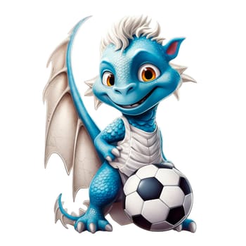 Cute cartoon dragon holding a soccer ball isolated on transparent background. Ai generative