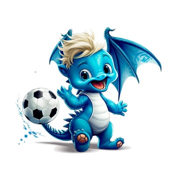 Cute cartoon dragon holding a soccer ball isolated on transparent background. Ai generative