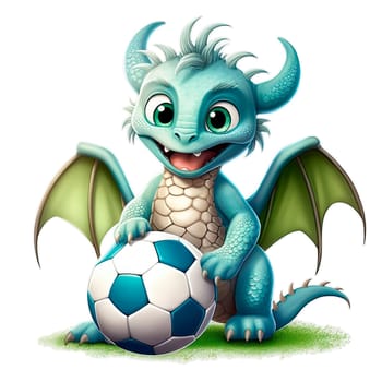 Cute cartoon dragon holding a soccer ball isolated on transparent background. Ai generative